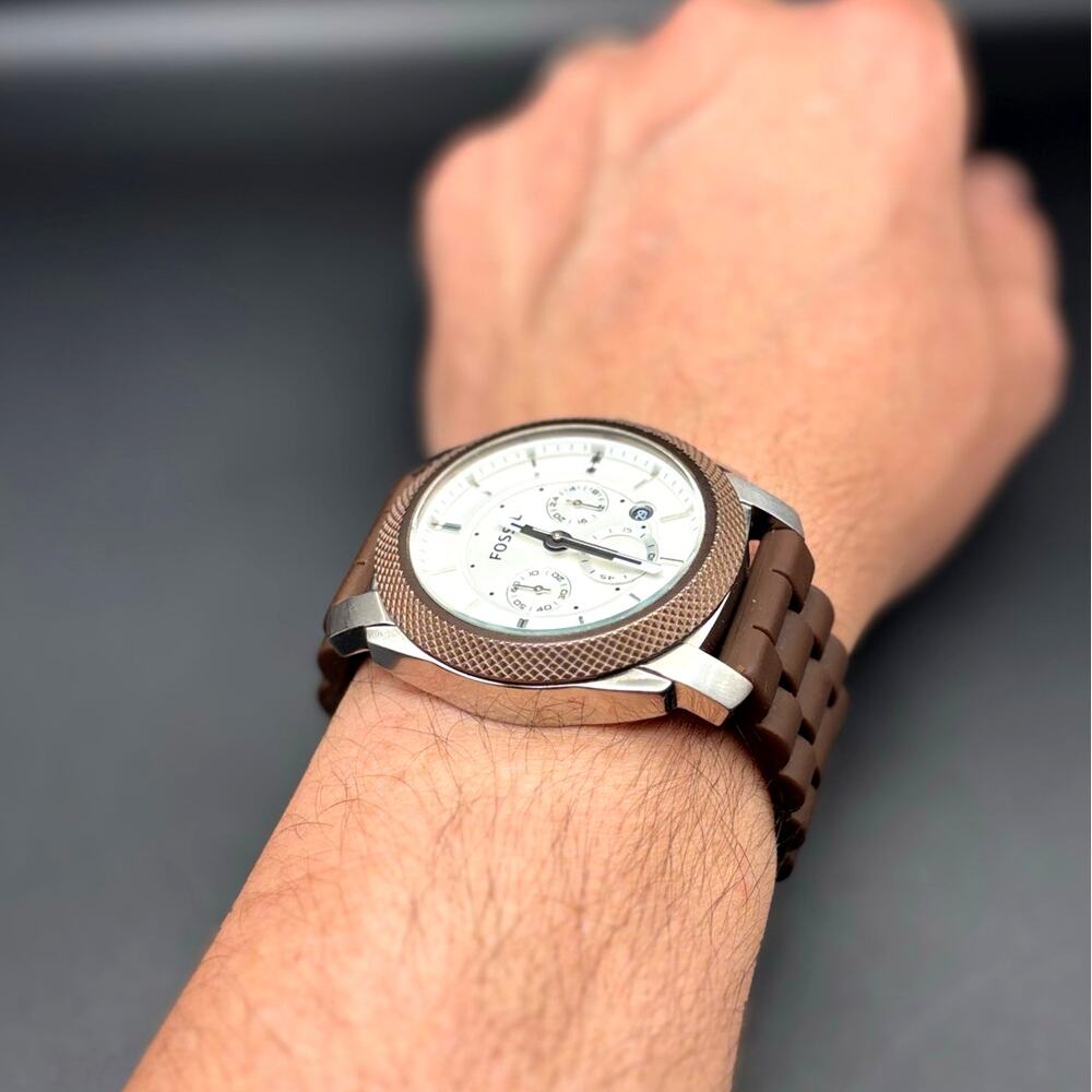 Fossil Machine FS4596 Men’s Chronograph white Dial Brown Silicone Strap Watch - Picture 5 of 17